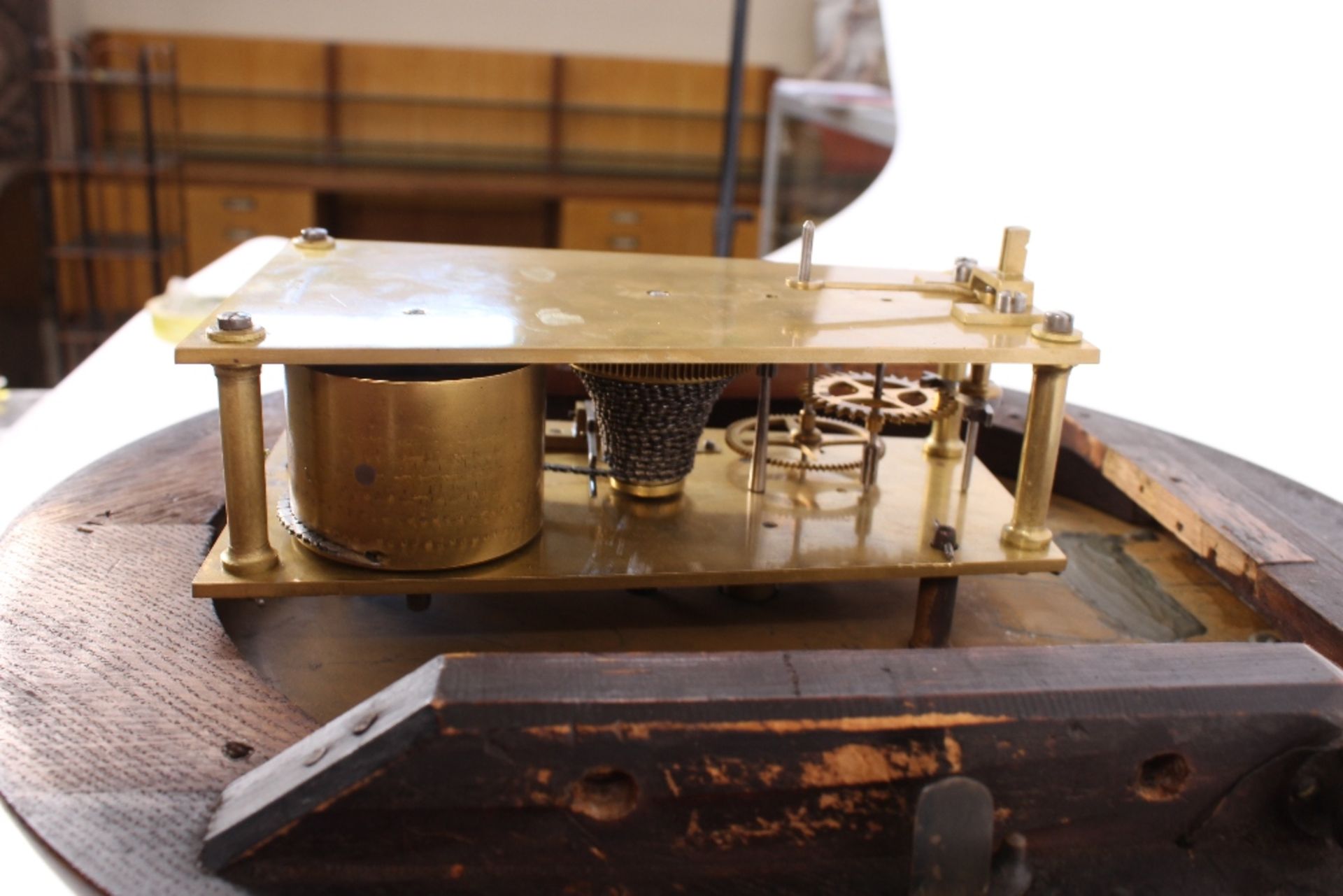 A Victorian oak cased drop dial wall clock, having single fuseé movement, by Burrell Sheffield, dial - Image 8 of 11