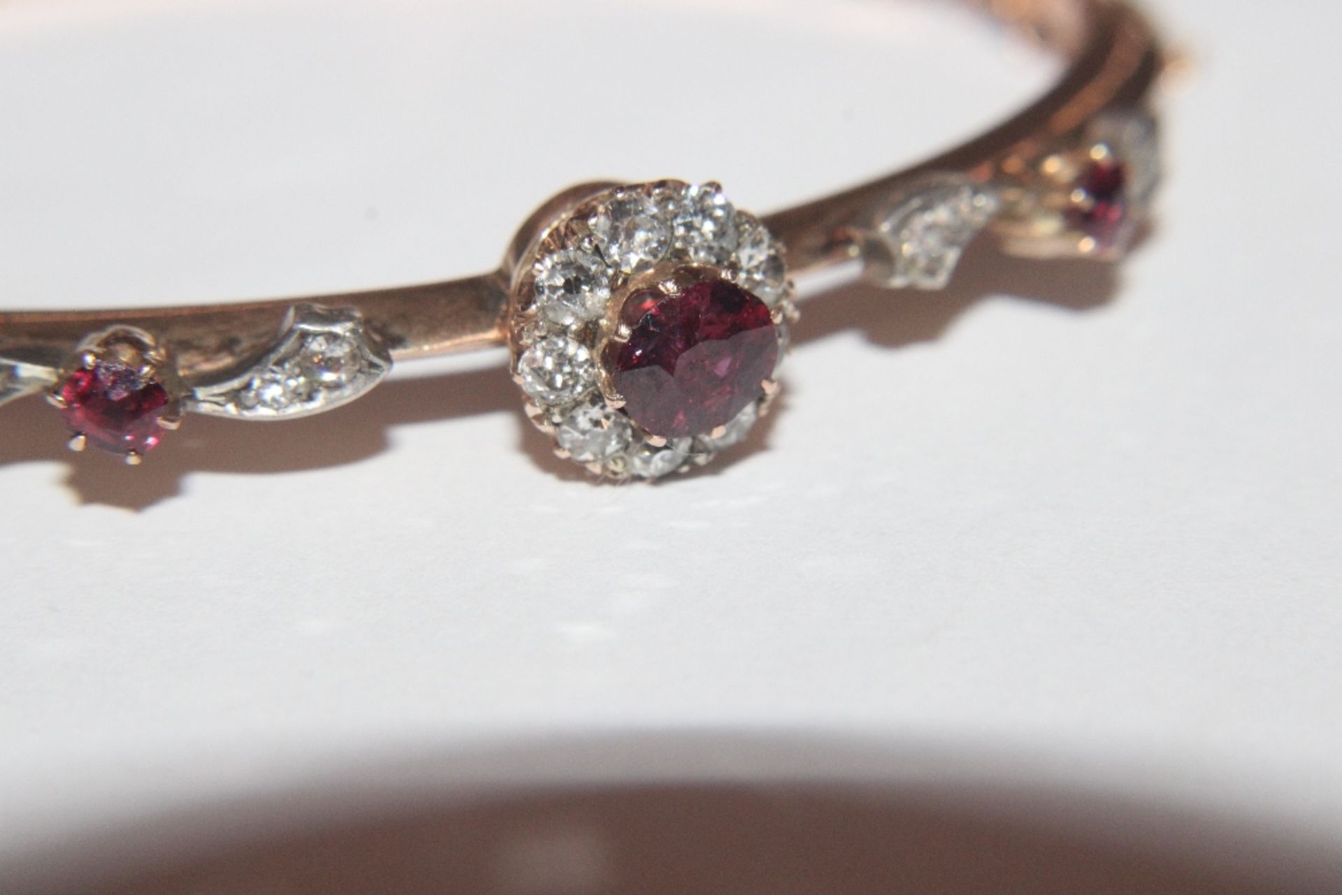 A yellow metal ruby and diamond set snap bangle, bar brooch and ring, having interchangeable and - Image 10 of 14