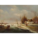 P.C. Steenhouwer, study of frozen Dutch canal scene with figures skating, signed oil on board,