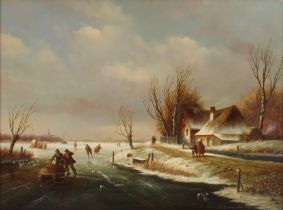 P.C. Steenhouwer, study of frozen Dutch canal scene with figures skating, signed oil on board,