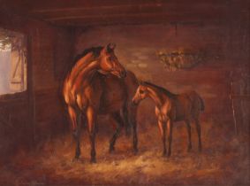 Christopher Osborne, study of a mare and foal in the stable, signed oil on board 29cm x 39cm