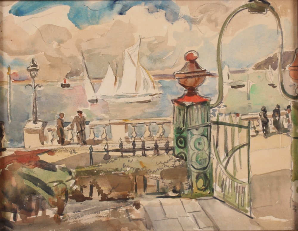 Allan Walton 1891-1948, harbour study with figures leaning against balustrades, sailing vessels