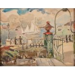 Allan Walton 1891-1948, harbour study with figures leaning against balustrades, sailing vessels