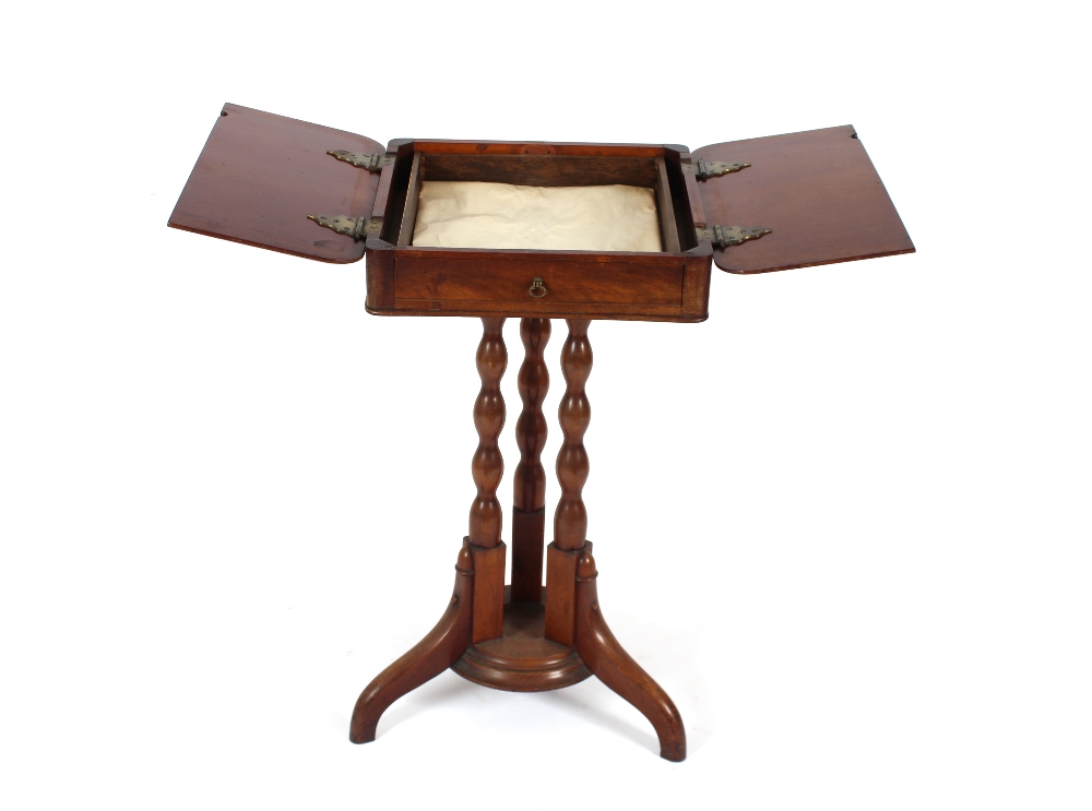 A 19th Century mahogany side table fitted single drawer and hinged top on triple column base, 46cm - Image 2 of 3