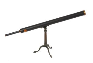 A brass cased library telescope by Charles Tulley, on folding tripod stand complete with pine