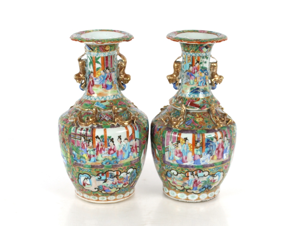 A pair of 19th Century Chinese Canton baluster vases, decorated in the traditional manner with - Image 2 of 34