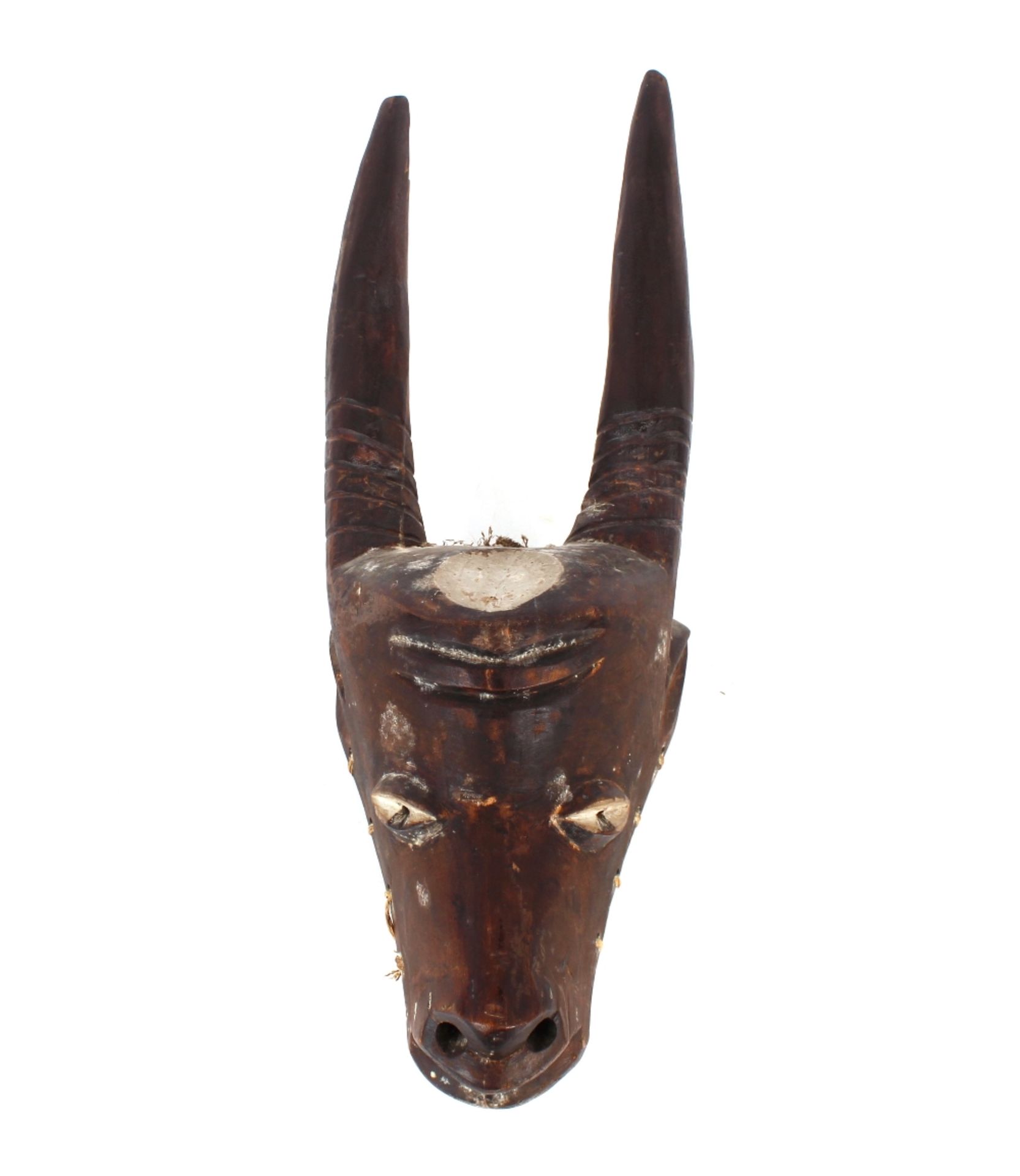 An Ethnic carved wooden goats head face mask with painted carved decoration, 58cm