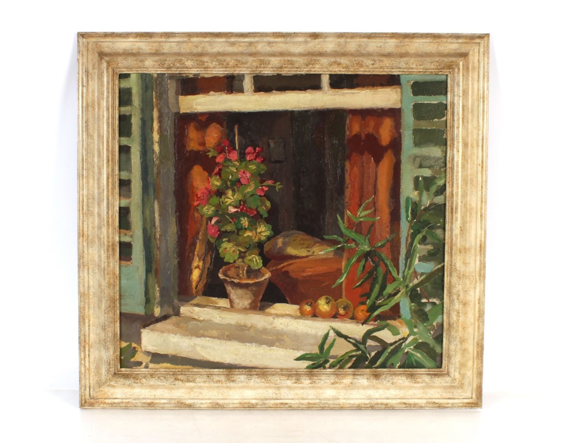 Attributed to Allan Walton, study off lowers and fruit on a window ledge, unsigned oil on canvas, - Image 2 of 4