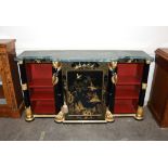 A Chinoiserie decorated credenza surmounted by green marble top, central cupboard and open end