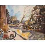 Allan Walton 1891-1948, riverbank view with seat in the near ground, signed watercolour, 21.5cm x