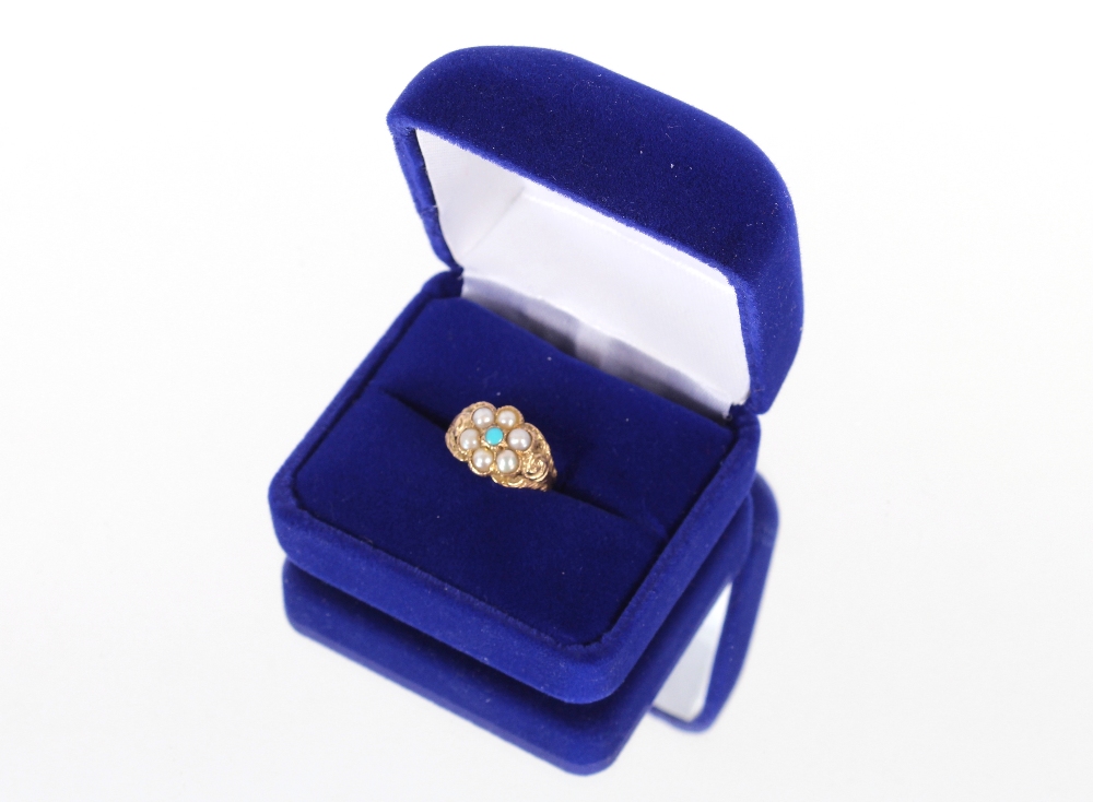 A 9ct gold turquoise and seed pearl set dress ring, 2.2gms - Image 2 of 5