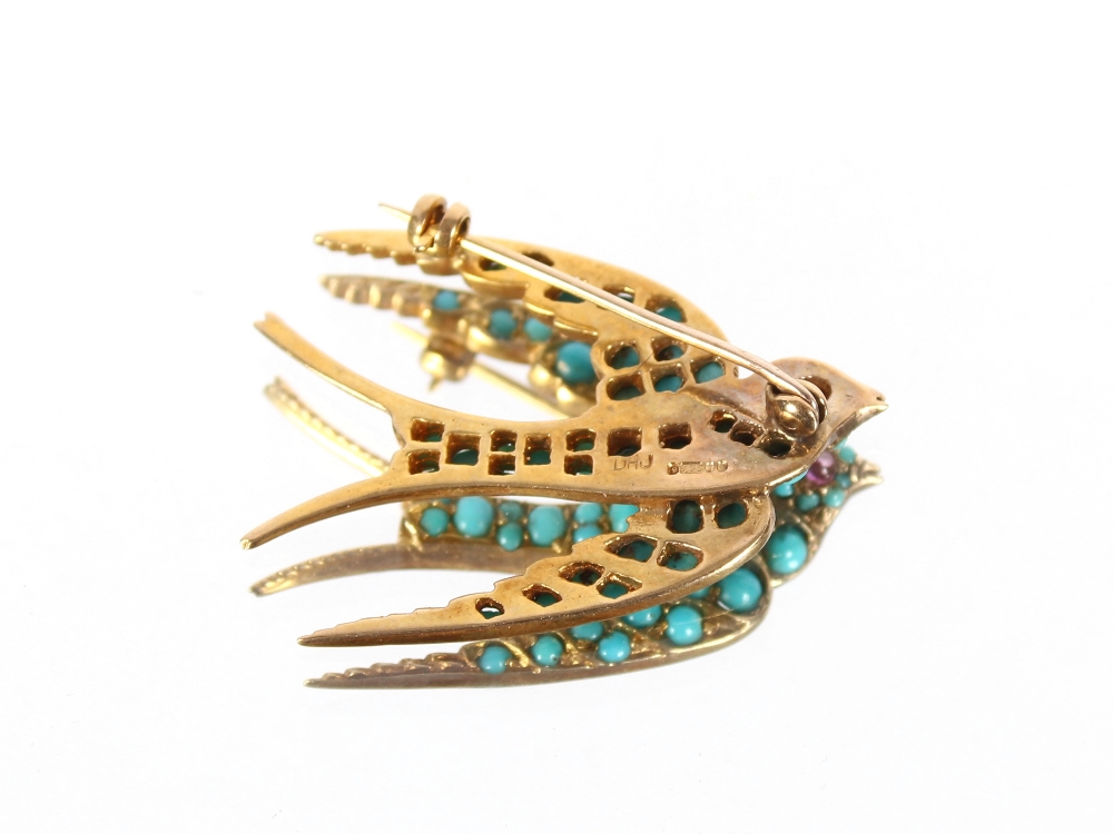 A 9ct gold turquoise and ruby set swallow brooch, 7.9gms - Image 2 of 3