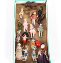A collection of miniature porcelain and other dolls; miniature mice etc.
