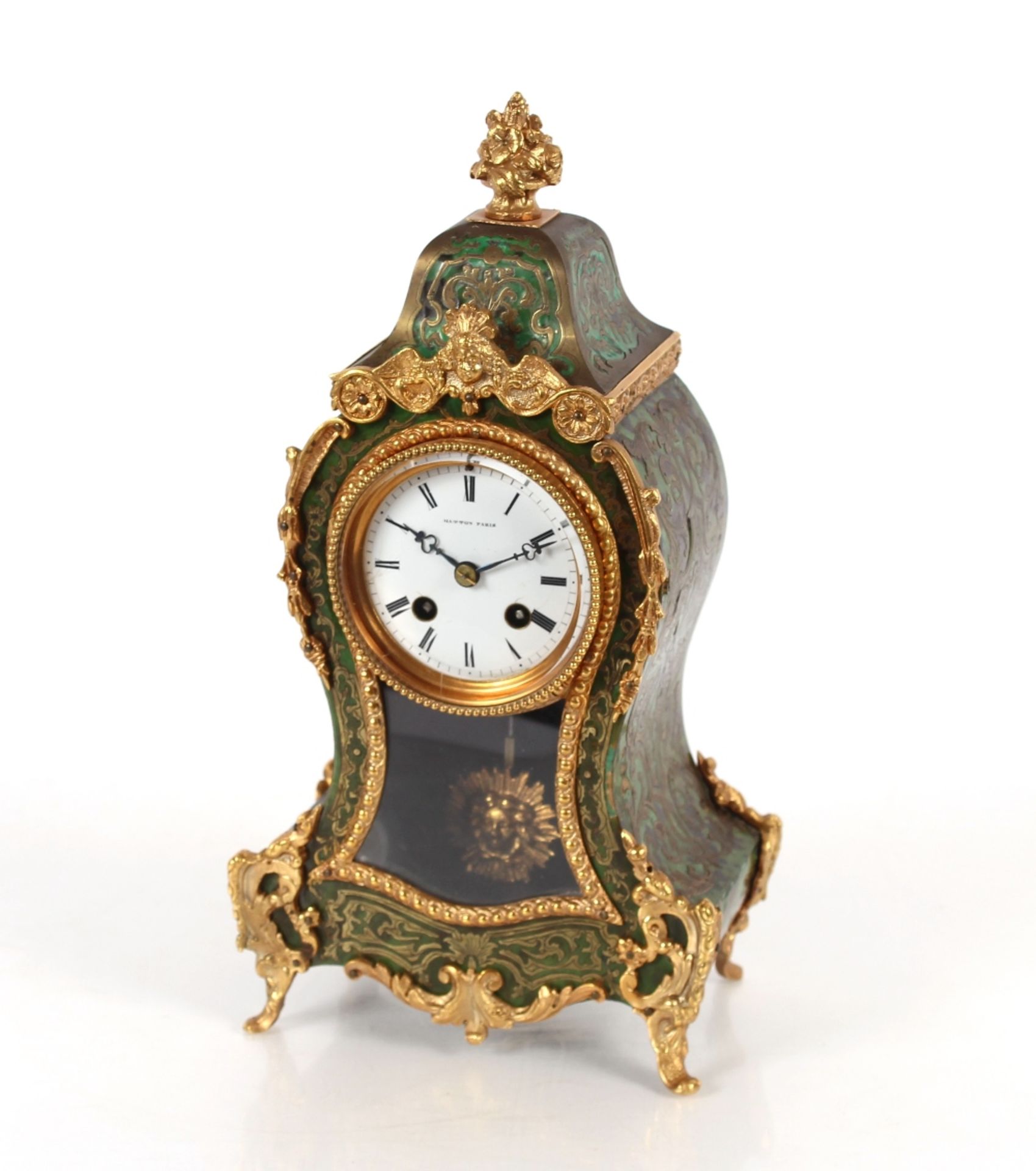 A green stained tortoiseshell and inlaid mantel clock by Hatton of Paris, eight day movement