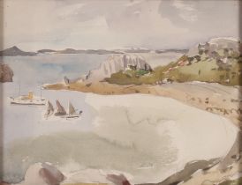 Allan Walton 1891-1948, coastal study of sailing vessels near the shore, 22cm x 28cm