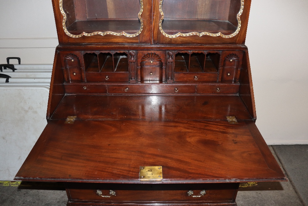 A George III style mahogany bureau bookcase, the upper glazed section enclosing shelves and drawers, - Image 3 of 3
