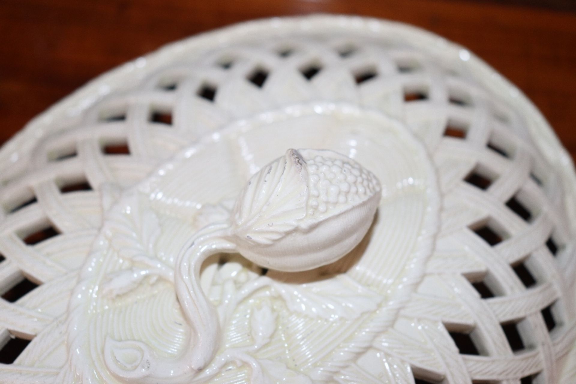 A 19th Century cream ware basket and cover with fruit finial, flanked by twist handles, 27cm long - Image 5 of 9