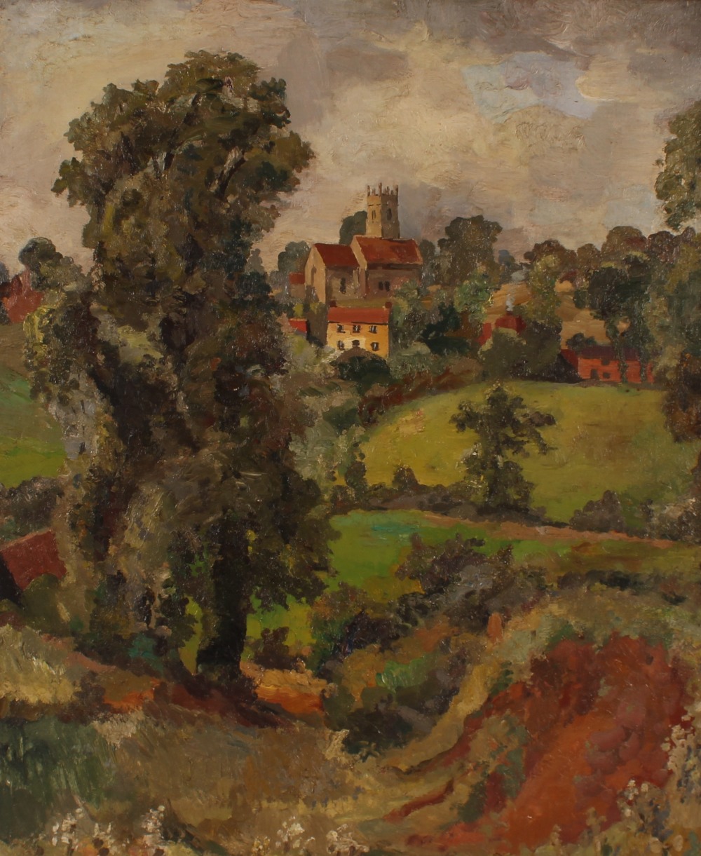 Attributed to Allan Walton, study of a rural village in rolling landscape, unsigned oil on canvas,