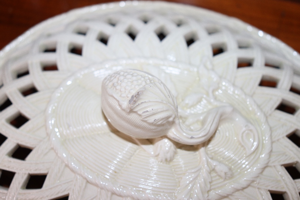 A 19th Century cream ware basket and cover with fruit finial, flanked by twist handles, 27cm long - Image 3 of 9