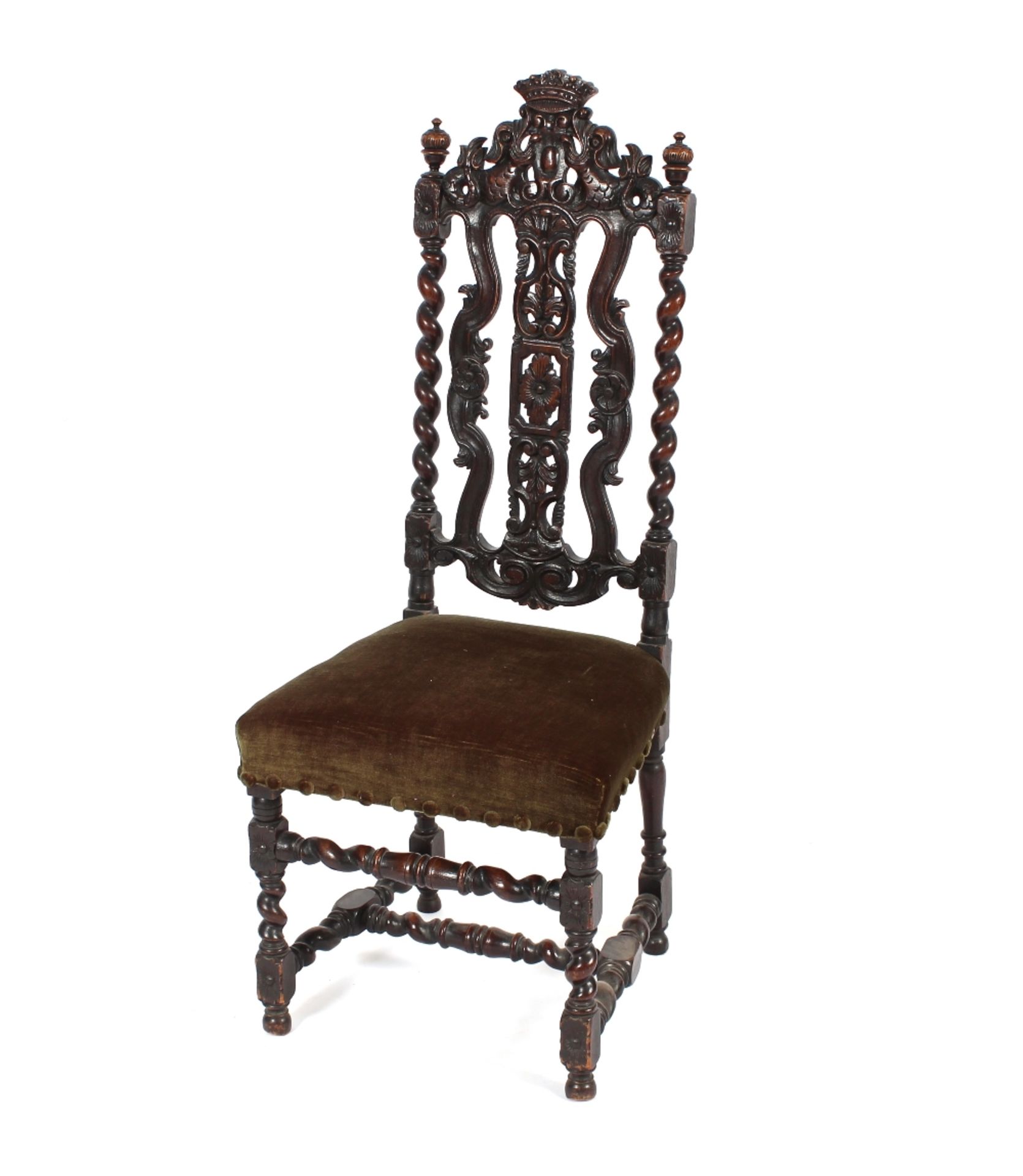 An antique carved oak hall or side chair, with pierced foliate decoration flanked by turned columns, - Image 2 of 2