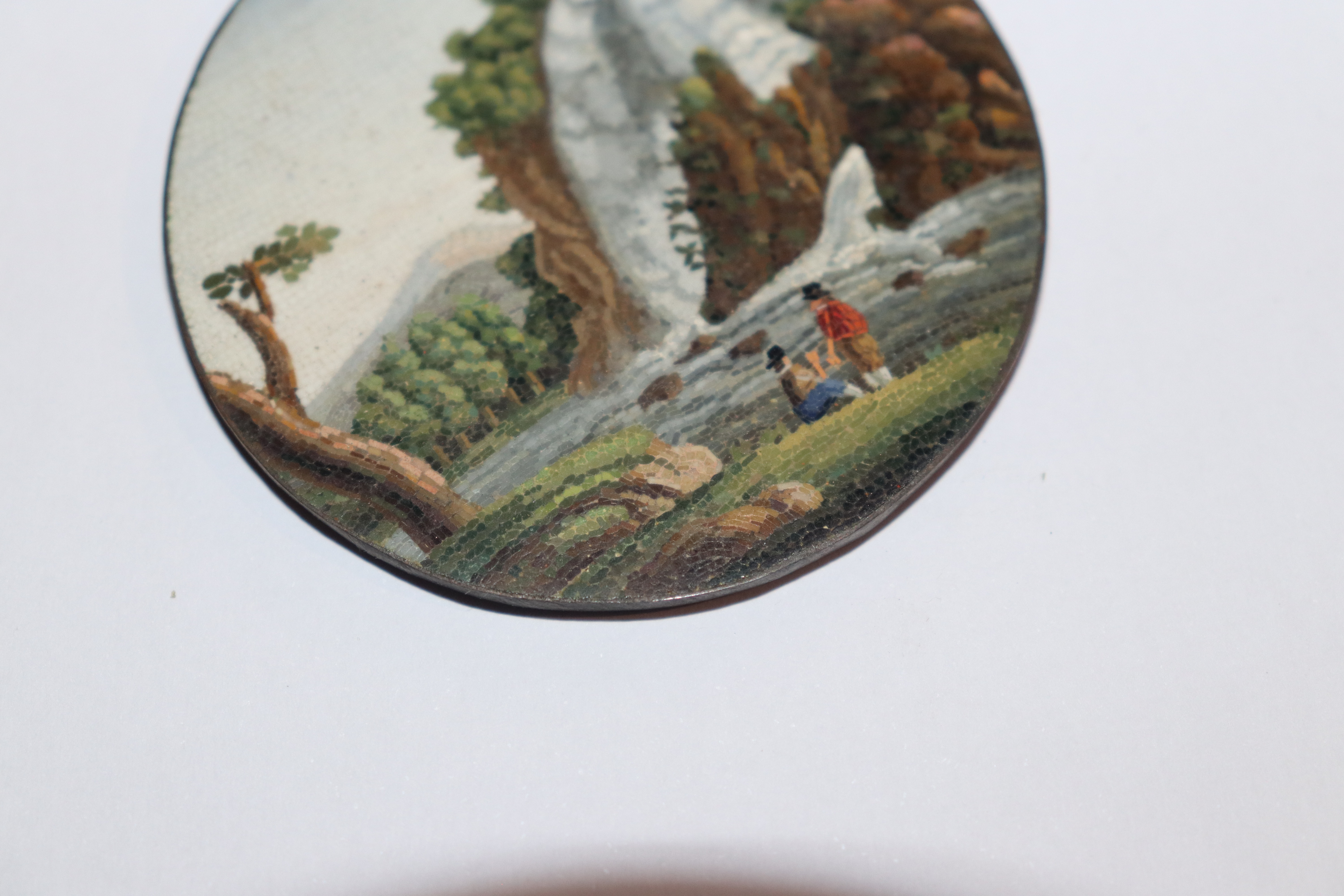 A miniature circular micro mosaic picture depicting figures in front of a waterfall; and a pair of - Image 6 of 11