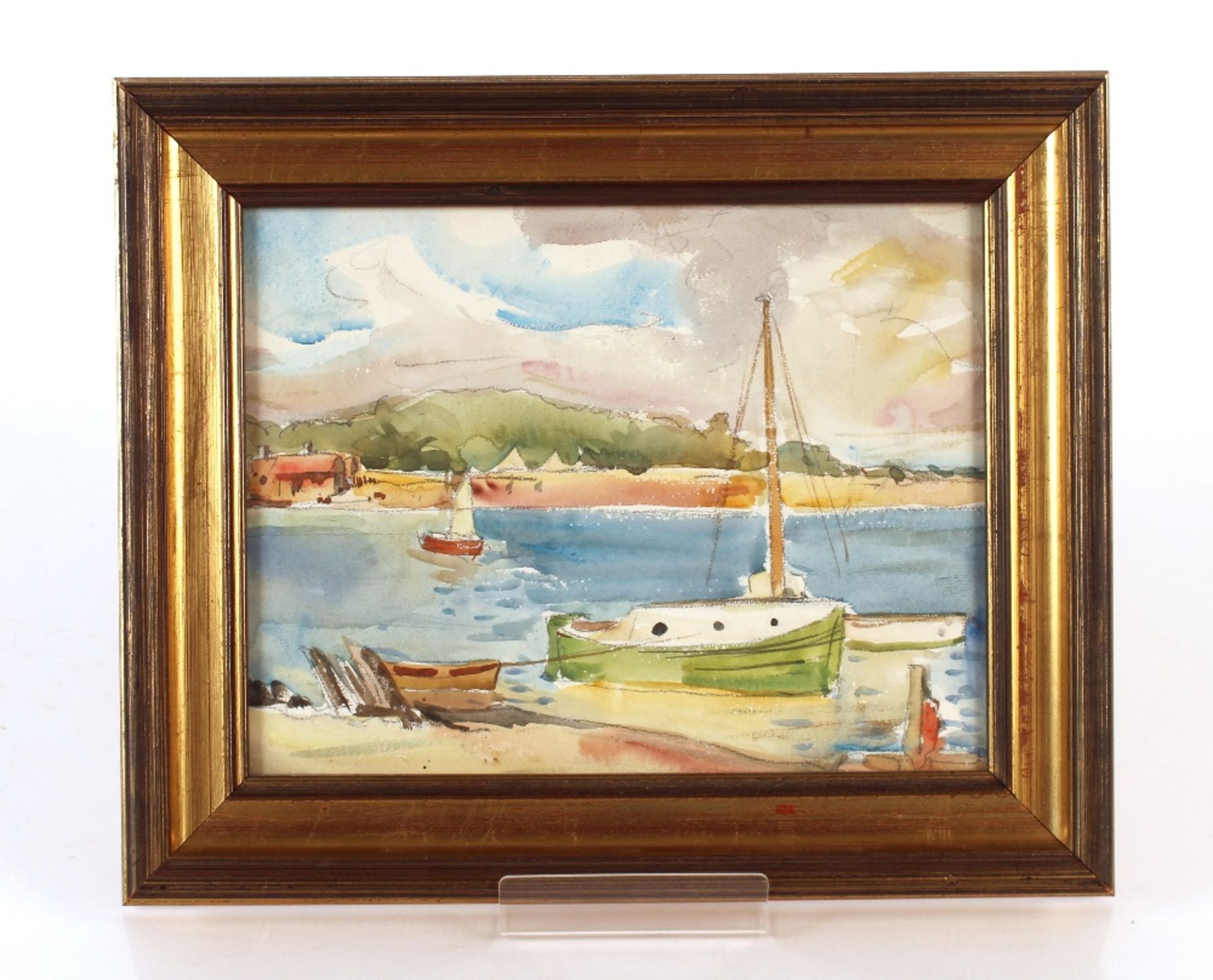 Allan Walton 1891-1948, study of sailing vessels in a harbour, watercolour, 21.5cm x 28cm - Image 2 of 2