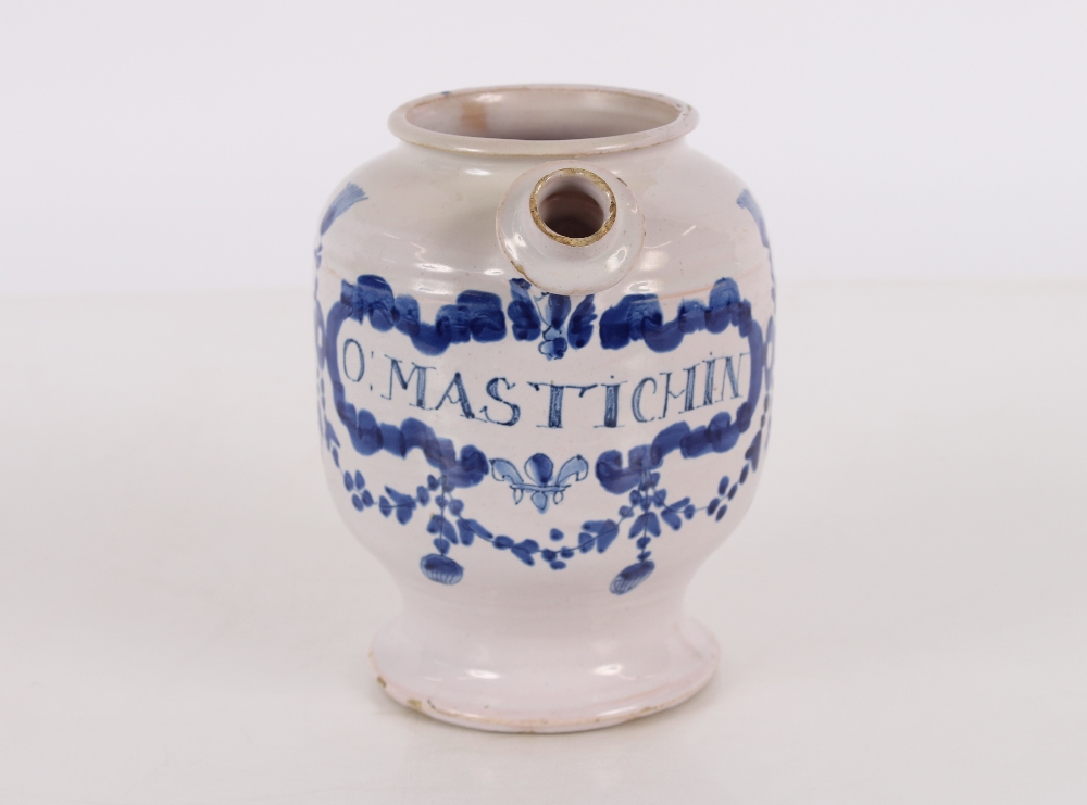 A fine London Delft wet drug jar, decorated in blue, the scrollwork panel inscribed "O:Mastichin" - Image 3 of 12