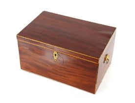 A 19th Century mahogany and satinwood strung sewing box, with lift out tray, flanked by brass lion