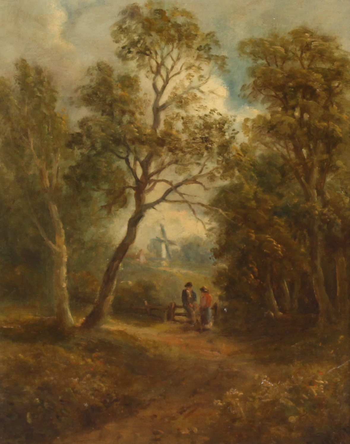 John Moore, study of a rural scene with couple stood by a gate, windmill in the far ground, signed