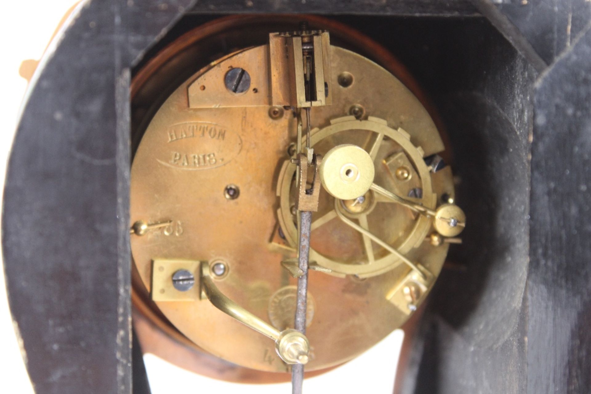 A green stained tortoiseshell and inlaid mantel clock by Hatton of Paris, eight day movement - Image 13 of 13