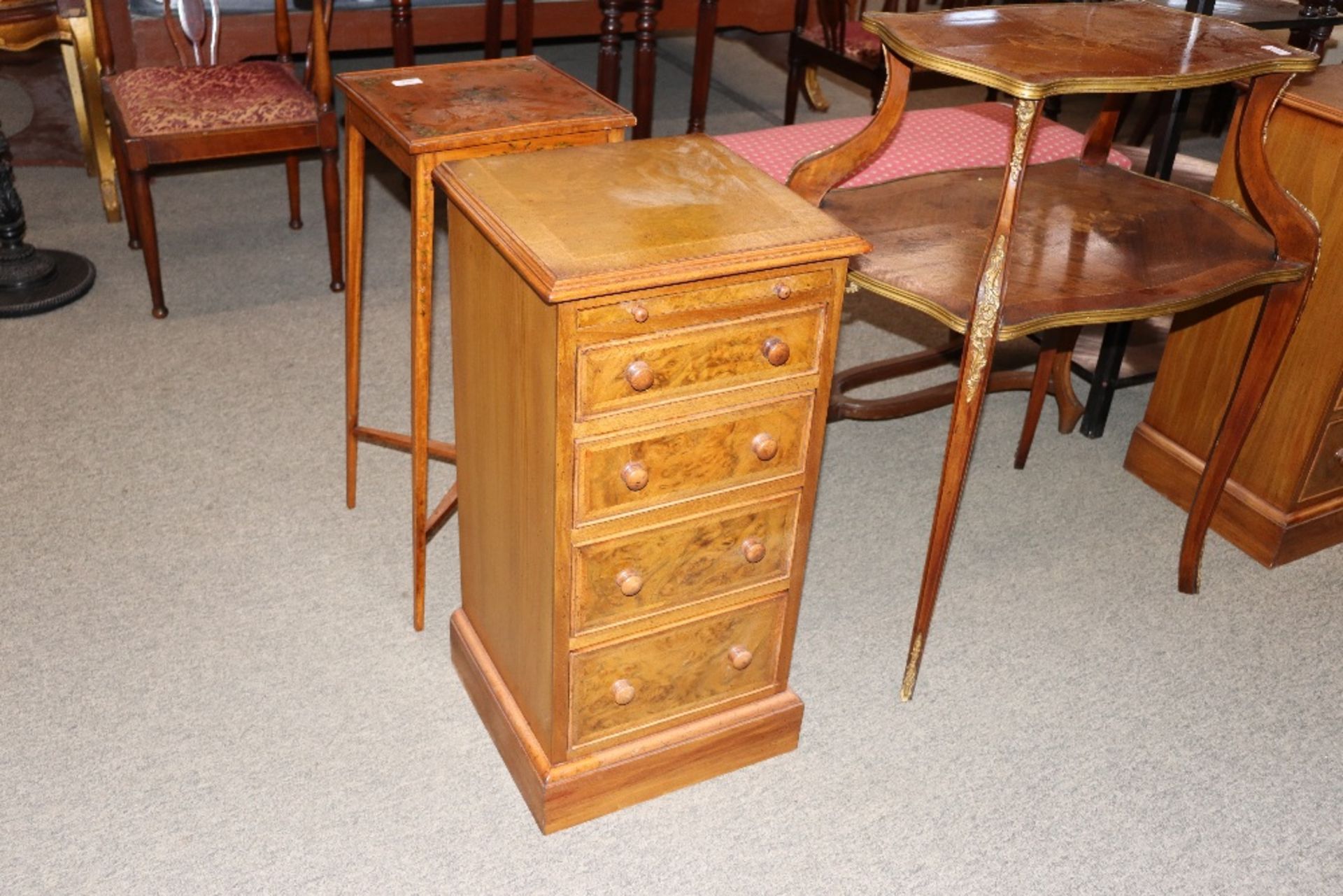 A pair of walnut and chequer banded bedside chests, fitted brushing slides and four drawers, - Image 3 of 3