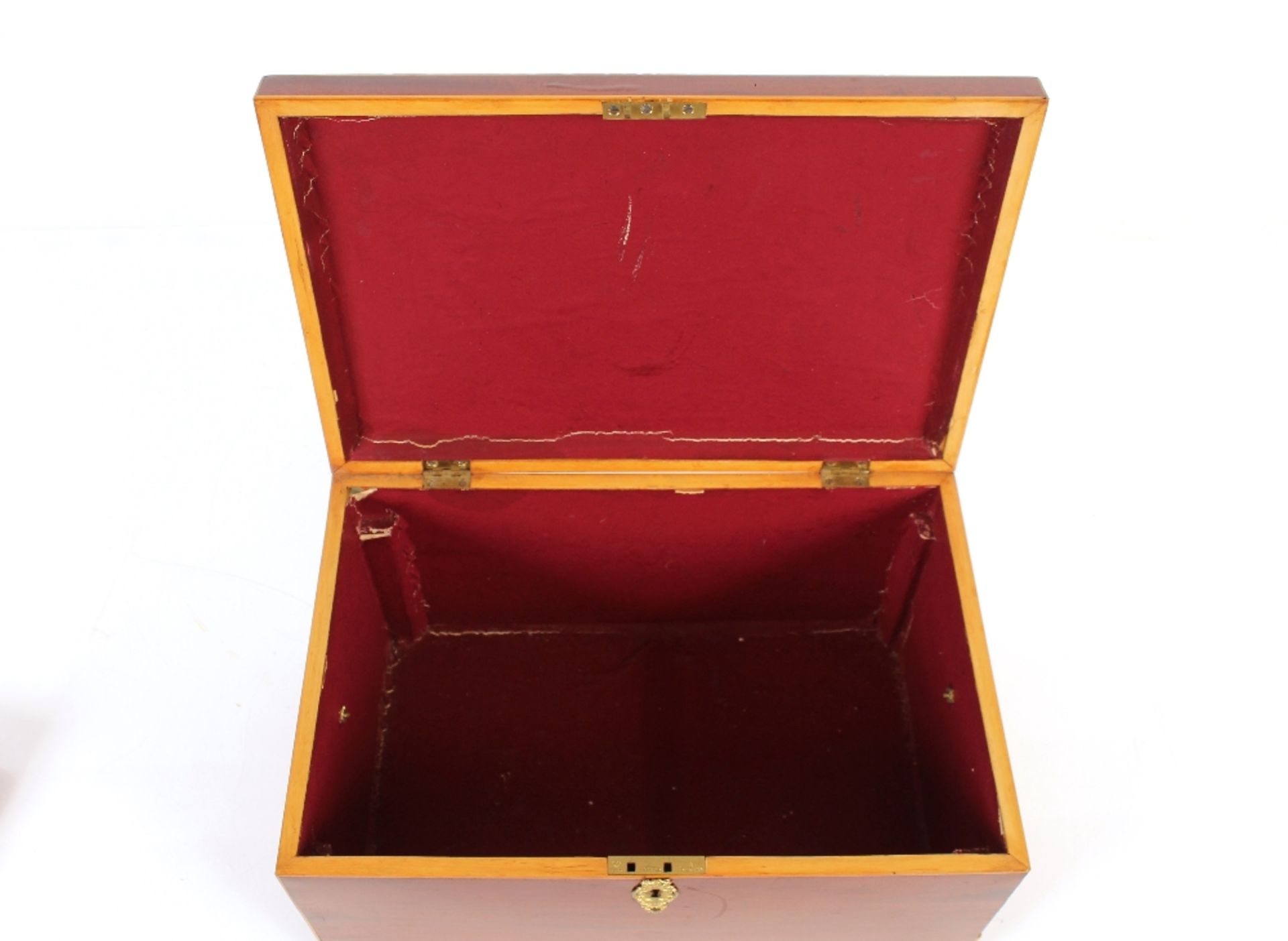 A 19th Century mahogany and satinwood strung sewing box, with lift out tray, flanked by brass lion - Image 3 of 3