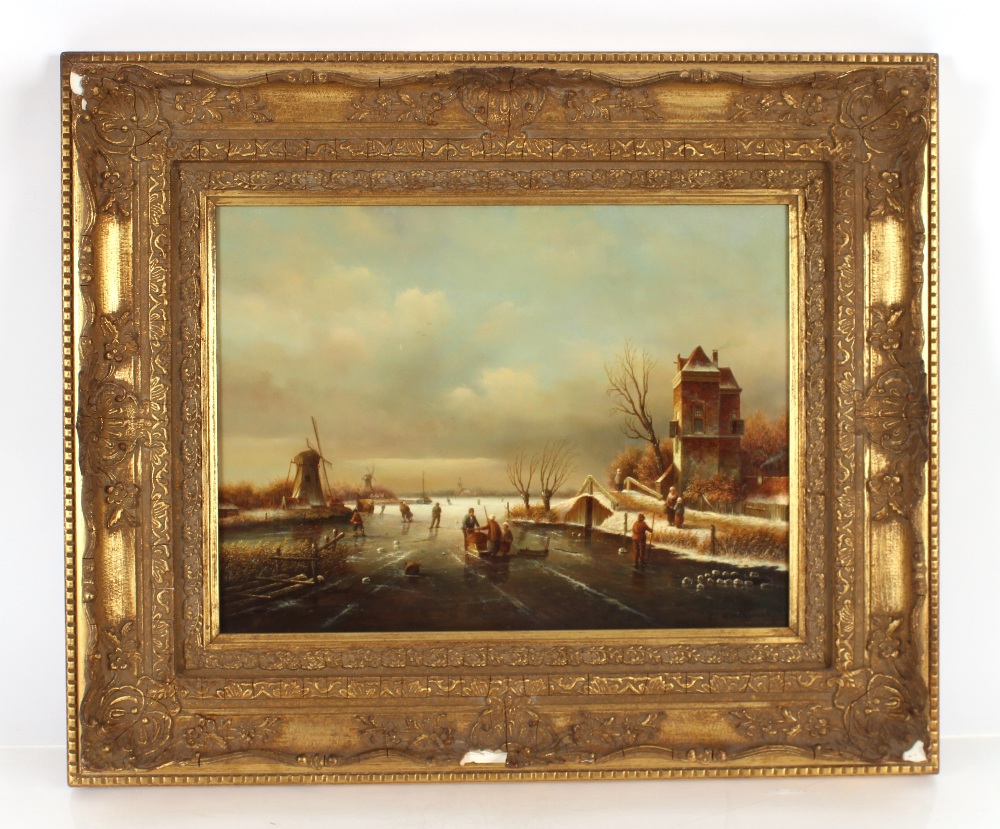 P.C. Steenhouwer, study of a frozen Dutch canal scene with figures on the ice, signed oil on - Image 2 of 4