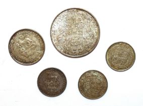 Five George IV coins, including half crown, shilling, and three sixpences