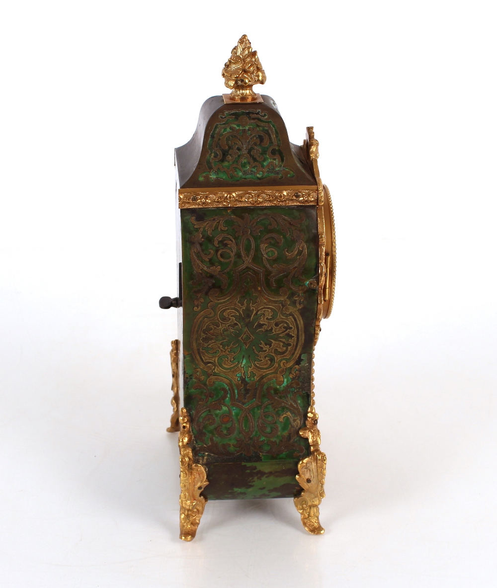 A green stained tortoiseshell and inlaid mantel clock by Hatton of Paris, eight day movement - Image 5 of 13