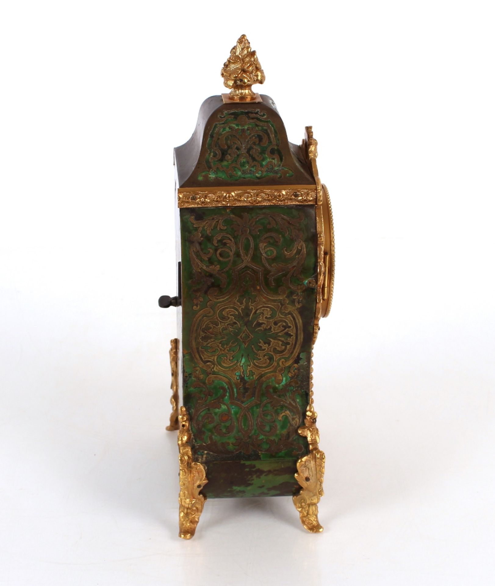 A green stained tortoiseshell and inlaid mantel clock by Hatton of Paris, eight day movement - Image 5 of 13