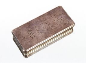 A Credit Suisse silver bar, marked 999.0, weighting 500gms, No.14370, 9.3cm long