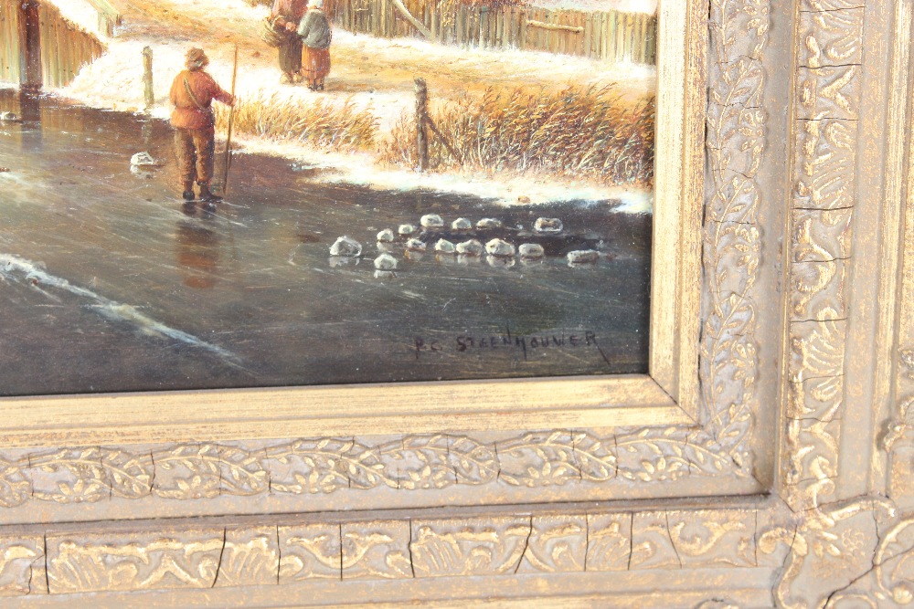 P.C. Steenhouwer, study of a frozen Dutch canal scene with figures on the ice, signed oil on - Image 3 of 4