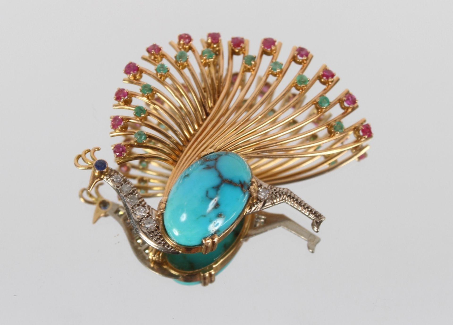 An impressive 18ct gold peacock brooch, set with diamonds, rubies, emeralds and sapphire around a - Image 3 of 6