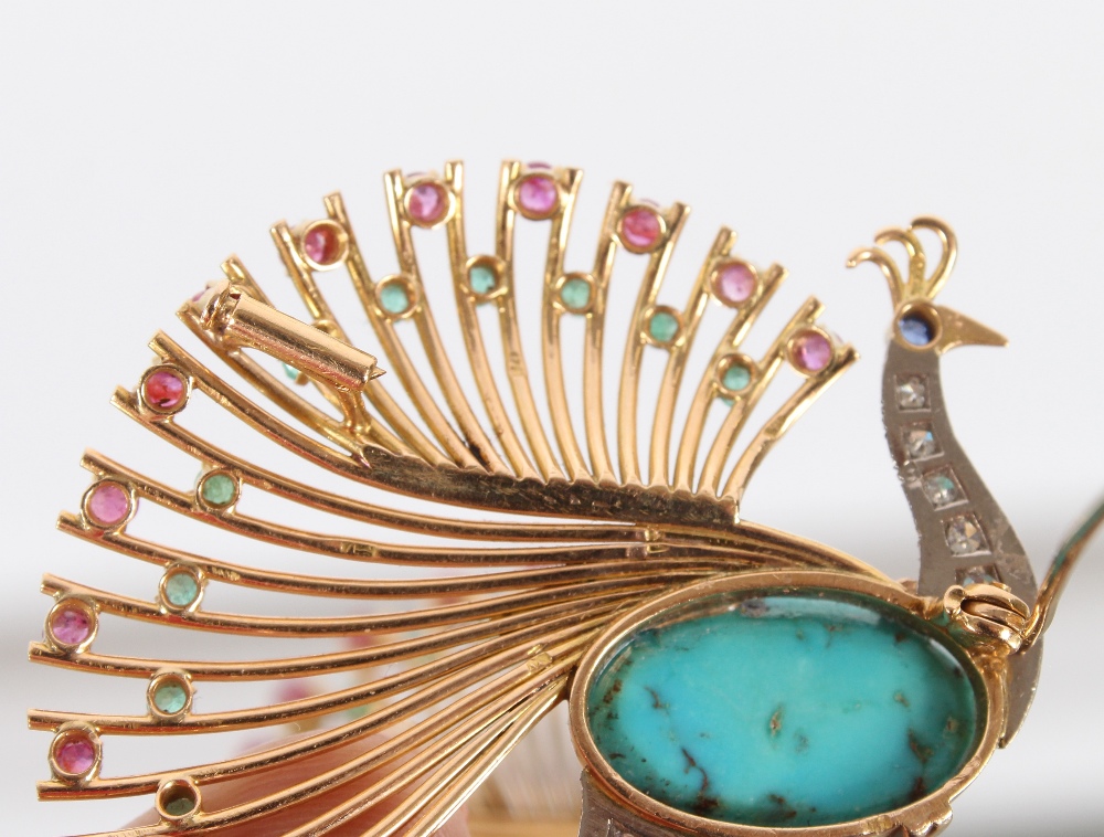 An impressive 18ct gold peacock brooch, set with diamonds, rubies, emeralds and sapphire around a - Image 5 of 6