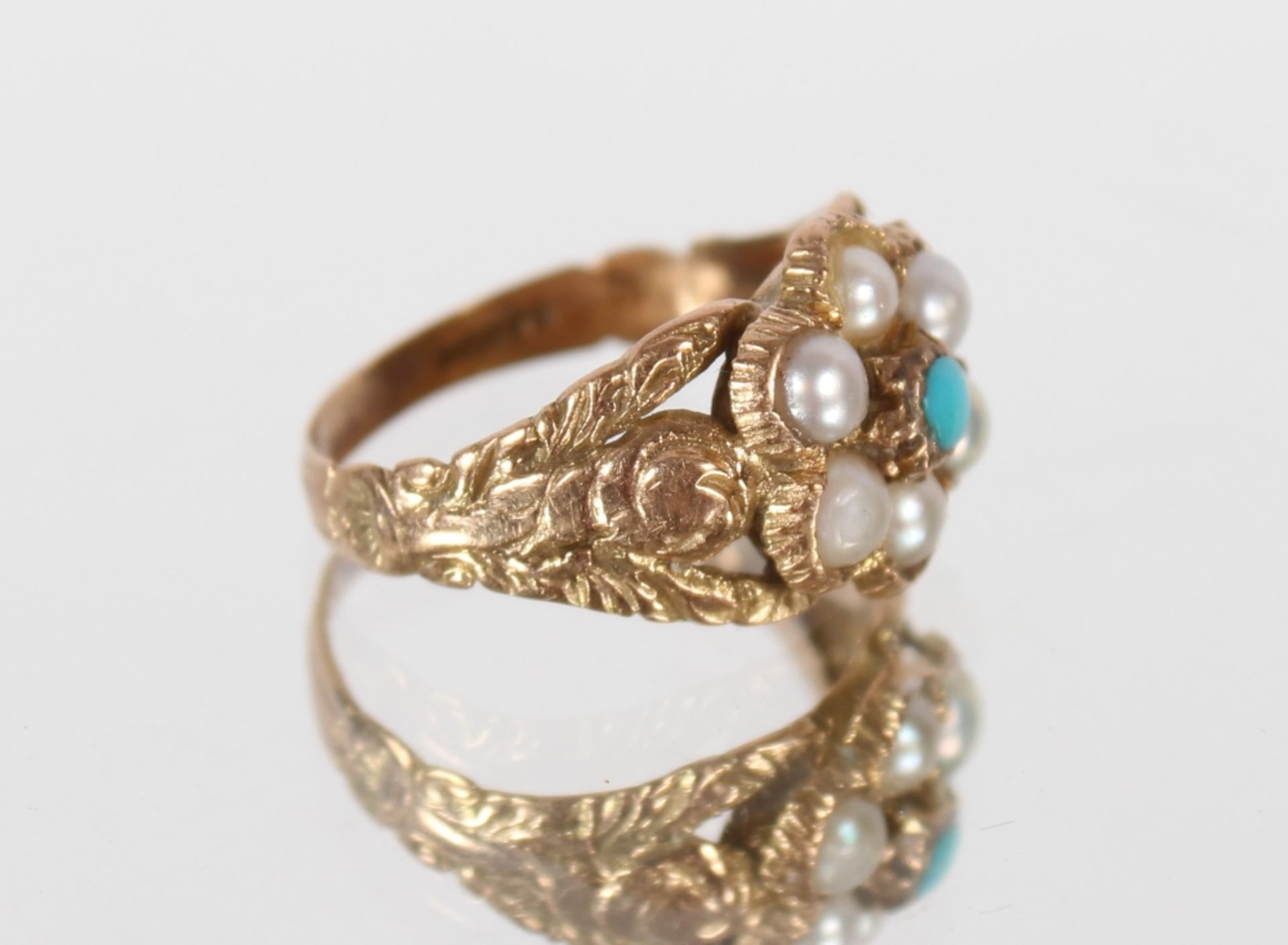 A 9ct gold turquoise and seed pearl set dress ring, 2.2gms - Image 3 of 5