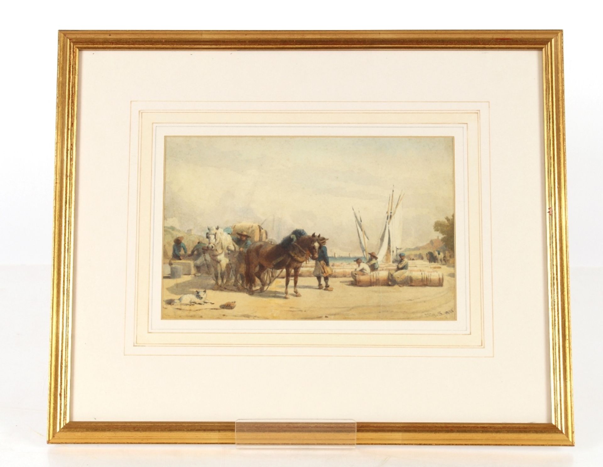 A small Victorian watercolour depicting three figures tending to ox whilst pulling a haycart; and - Image 3 of 6