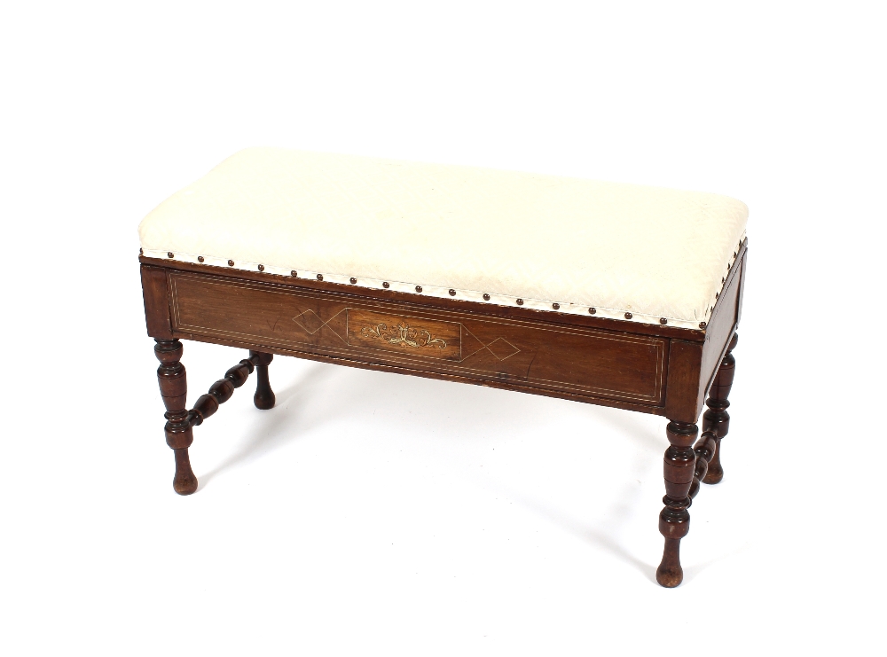 An Edwardian inlaid duet stool, having upholstered lifting seat raised on turned baluster supports - Image 2 of 2