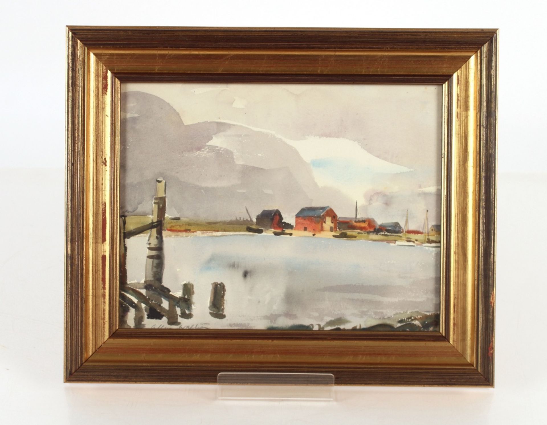 Allan Walton 1891-1948, riverside study with sailing yachts and boathouses in the far ground, 21.5cm - Image 2 of 2