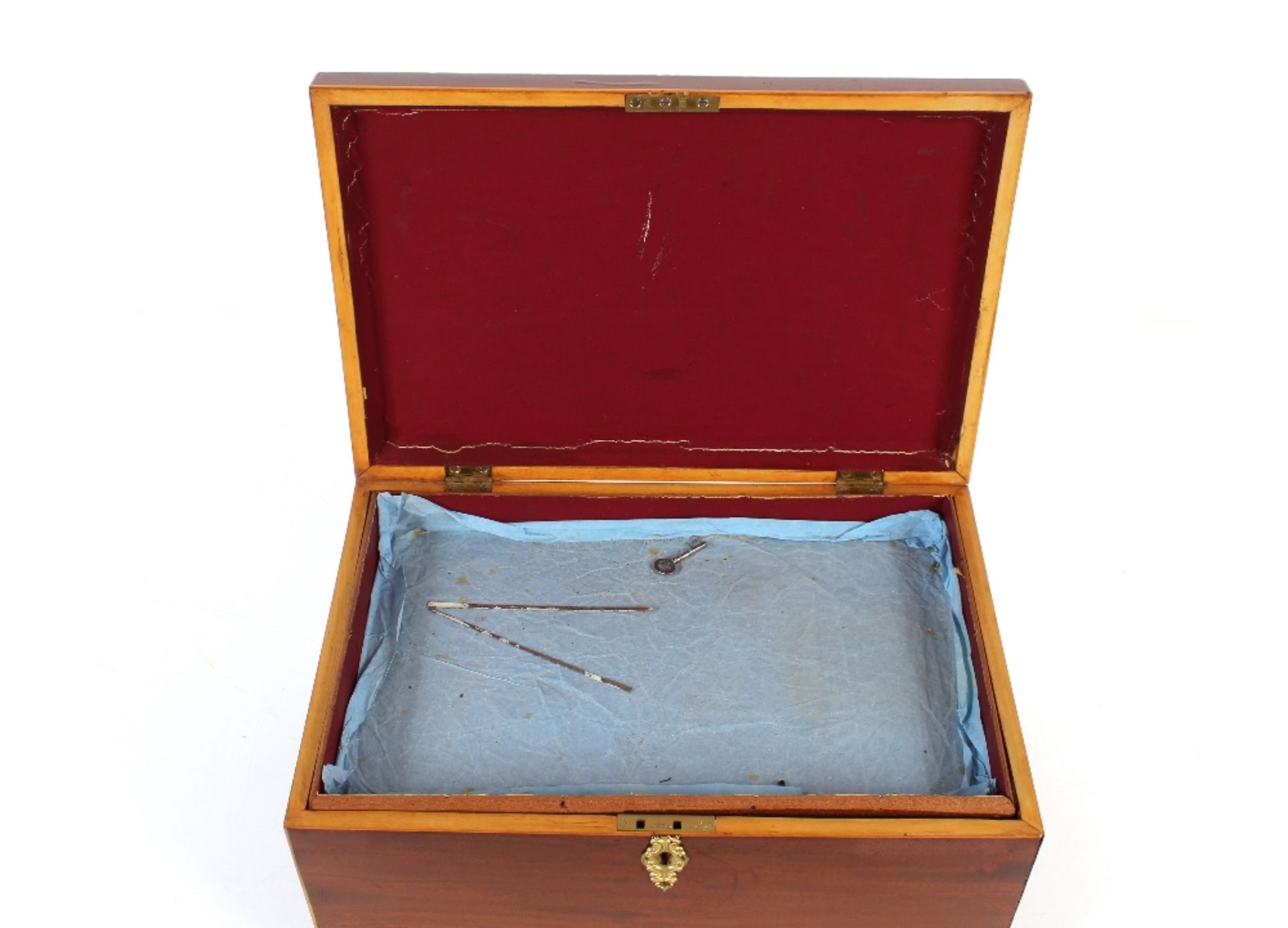 A 19th Century mahogany and satinwood strung sewing box, with lift out tray, flanked by brass lion - Image 2 of 3