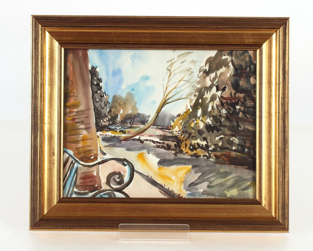Allan Walton 1891-1948, riverbank view with seat in the near ground, signed watercolour, 21.5cm x - Image 2 of 2