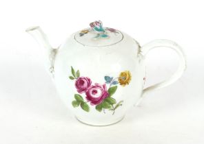 A 19th Century Meissen bullet shaped tea pot, having foliate spray decoration, the lid with floral