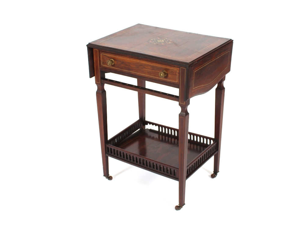 A late Victorian rosewood and inlaid occasional table fitted single drawer, raised on square