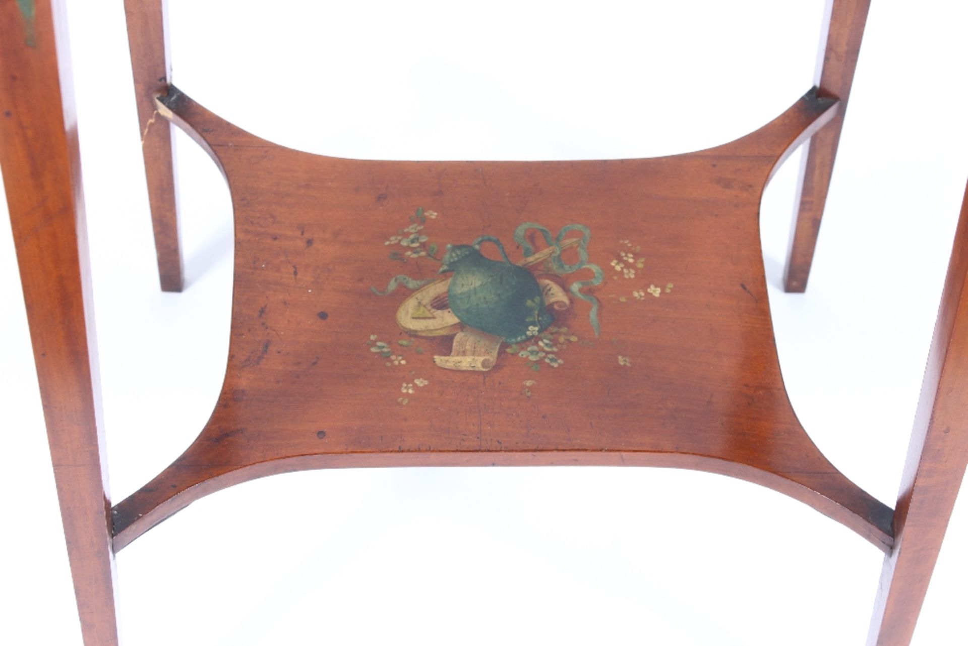 A late 19th Century painted satinwood two tier occasional table, decorated trailing ribbons and - Image 2 of 5