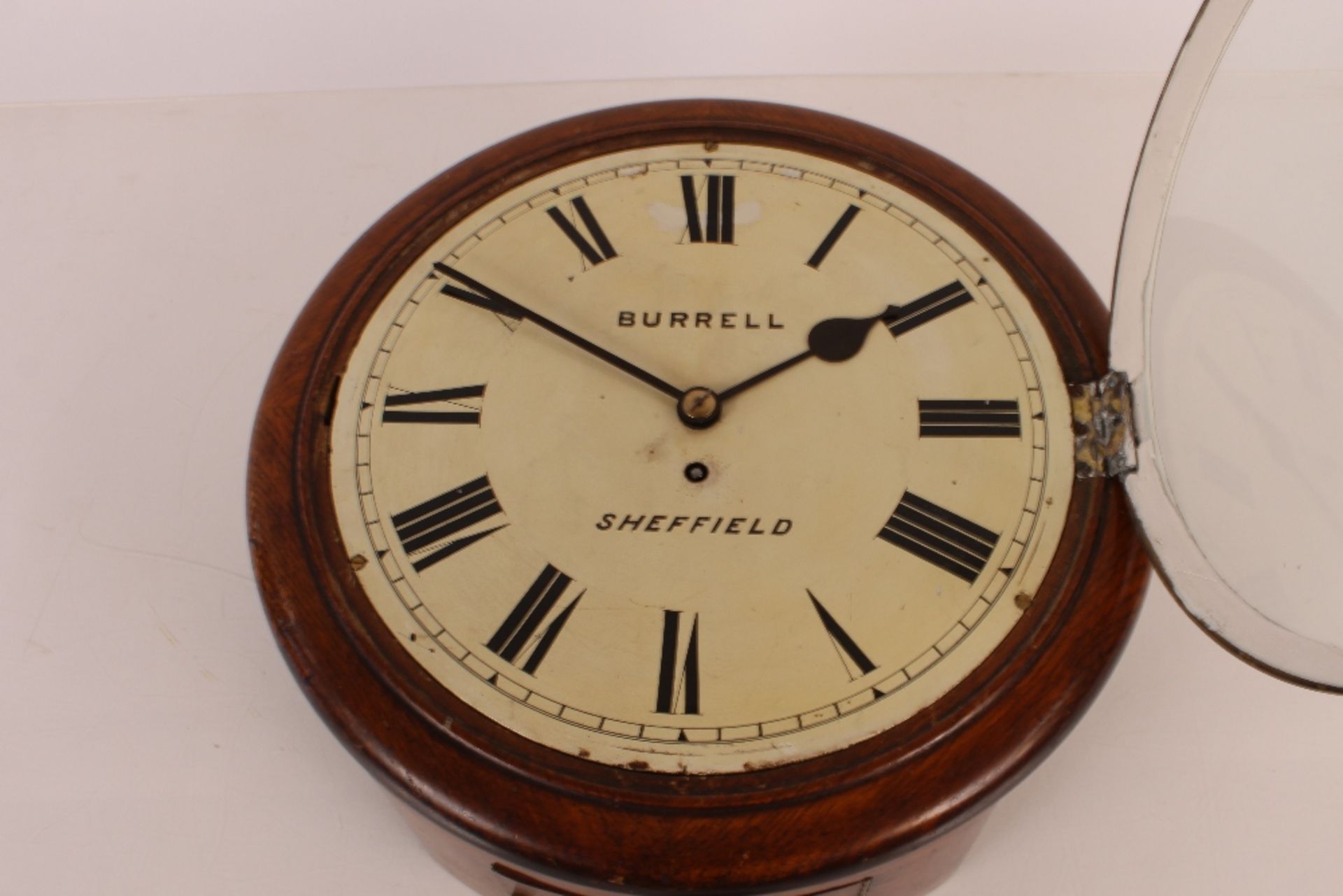 A Victorian oak cased drop dial wall clock, having single fuseé movement, by Burrell Sheffield, dial - Image 11 of 11